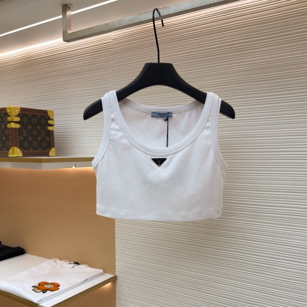 Prada White Ribbed Tank Crop with Triangle Logo